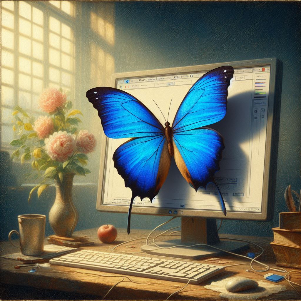 Blauer Schmetterling vor einem PC-Monitor als Aquarell.